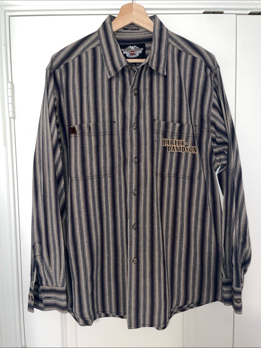 Harley-Davidson Long Sleeve Striped Work Shirt Men’s M Big Back Logo Pristine